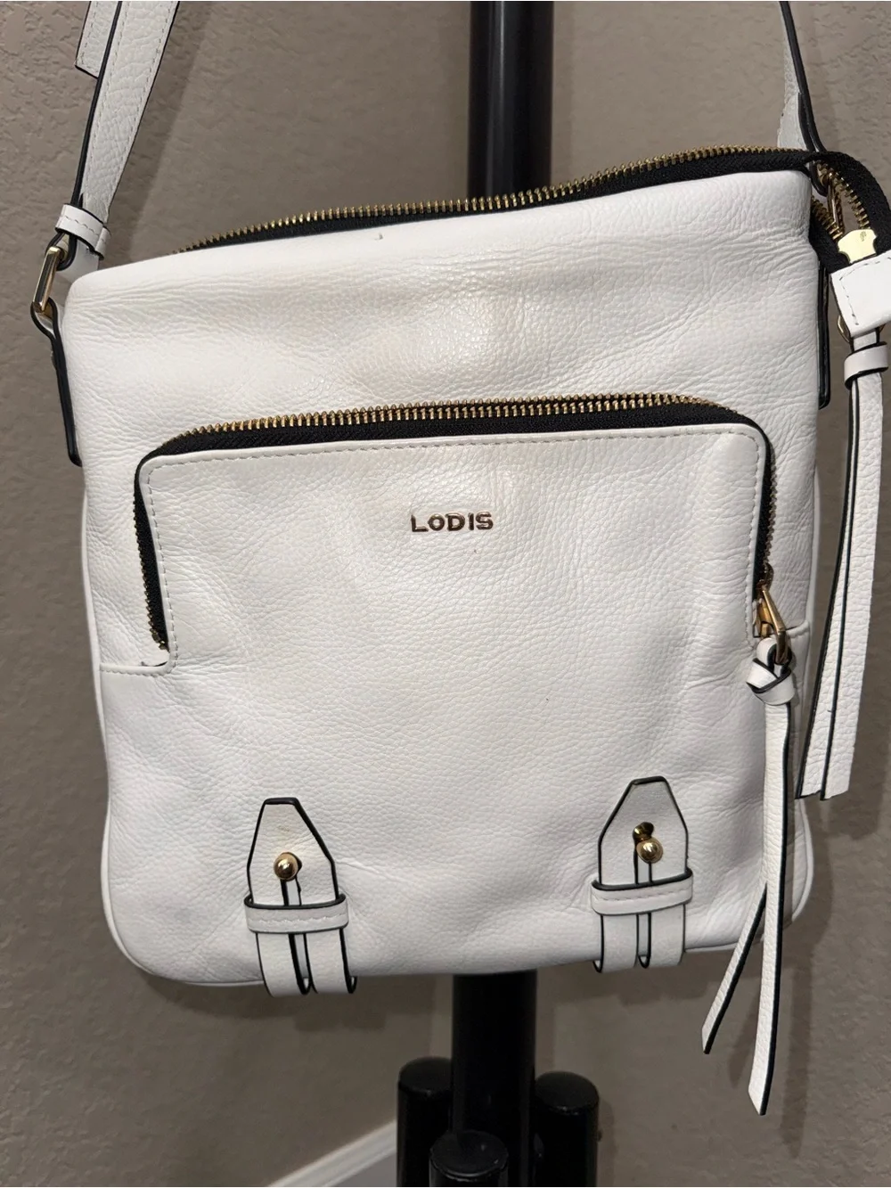 Lodis White Leather Crossbody with Gold Hardware